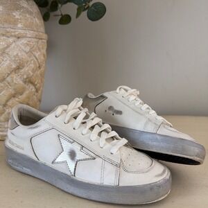 Golden Goose Stardan White Silver Leather Distressed‎ Sneakers IT Women Sz 38
